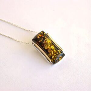 Baltic Lithuanian Green Amber Pendant Necklace- Sterling Silver